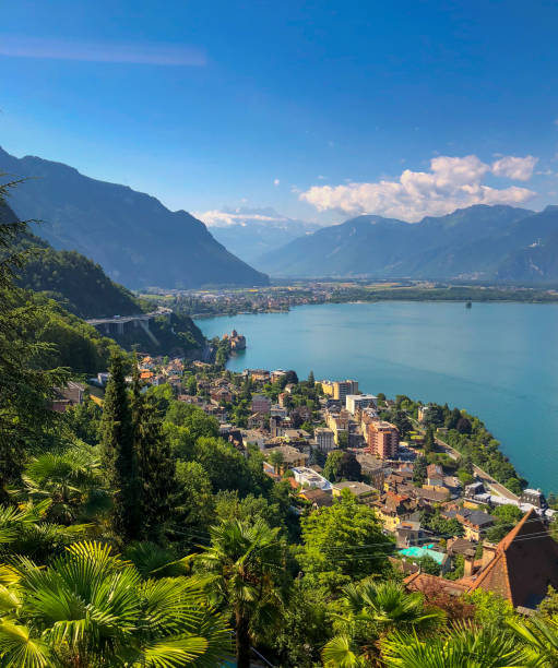 Aerial landscape of Montreux city in Switzerland Aerial landscape of Montreux city in Switzerland, summer time, sunny morning montreux stock pictures, royalty-free photos & images