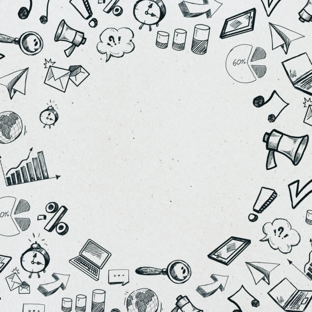 Social media and network concept with hand drawn symbols at light background.