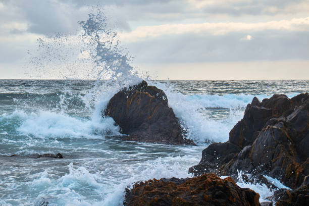 istock Waves crashing against rocks on a cloudy day at the beach 1196240842