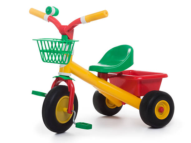A child's yellow, green, and red tricycle