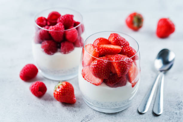 istock Greek yogurt Chia seeds strawberry and raspberry parfait 1196241617