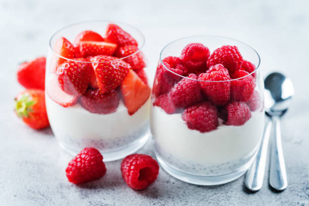 istock Greek yogurt Chia seeds strawberry and raspberry parfait 1196241630