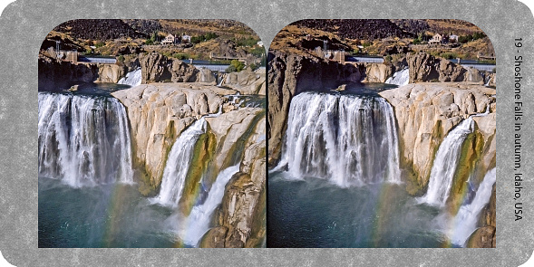Stereograph card of Shoshone Falls in autumn, Idaho, USA. Scanned film photographed in 2019. Original 7 inch x 3.5 inch at 360 dpi.