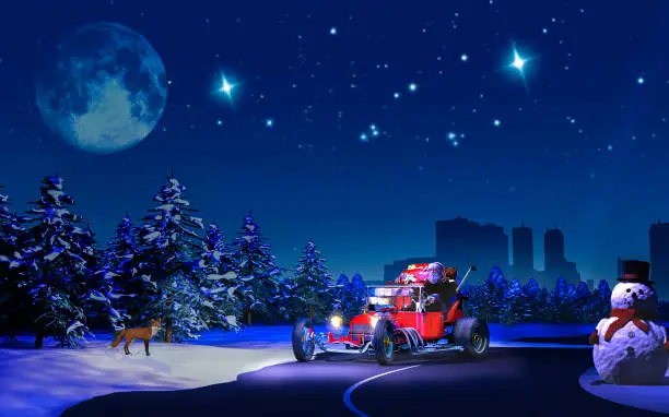 Under a full moon late on Christmas Eve Santa has delivered his gifts to the good people of the "big city" and now sets forth in his hot rod roadster to visit the rural families outside of the city. This is a 3D Digital illustration.