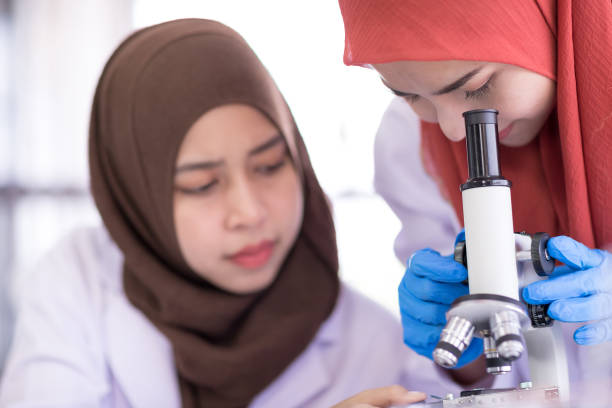 istock Two female muslim scientist wearing white gown looking through microscope 1196244676