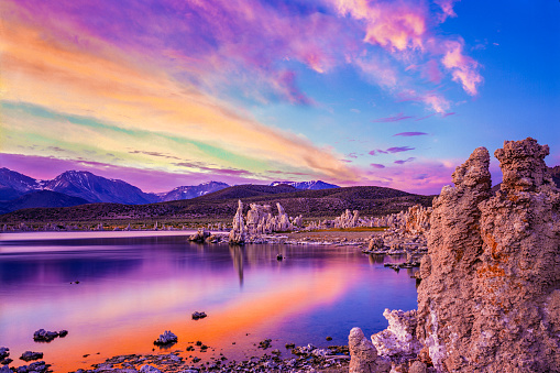 A SUNSET SKY WITH CLOUDS ABOVE THE TUFAS AT MONO LAKE, LEE VINING, CALIF.