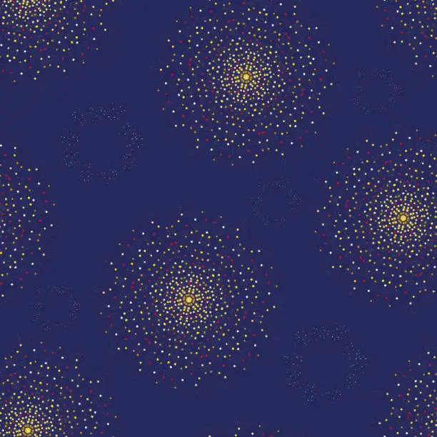 Vector illustration of seamless vector pattern with yellow fireworks on classic blue background