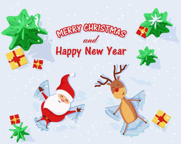 Merry Christmas and Happy New Year greeting card. Santa Claus and the reindeer with red nose are making snow angels Merry Christmas and Happy New Year greeting card. Santa Claus and the reindeer with red nose are making snow angels surrounded by trees and gifts. snow angels stock illustrations