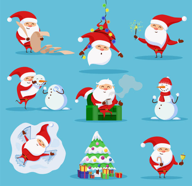 Christmas Santa Claus Set With snowman, snow angel, Christmas tree in vector Santa Claus rests in the armchair, hanging on a garland, making a wish list, making a snowman, making a snow angel, lighting a Bengal light, Christmas tree with gifts. snow angels stock illustrations
