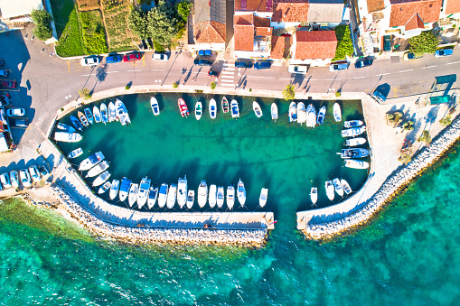 Zadar. Village of Diklo in Zadar archipelago aerial view of harbor and turquoise sea, Dalmatia region of Croatia