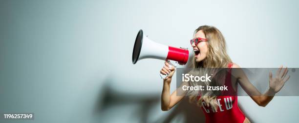 Summer Poortrait Stock Photo - Download Image Now - Human Hand, Megaphone, One Woman Only