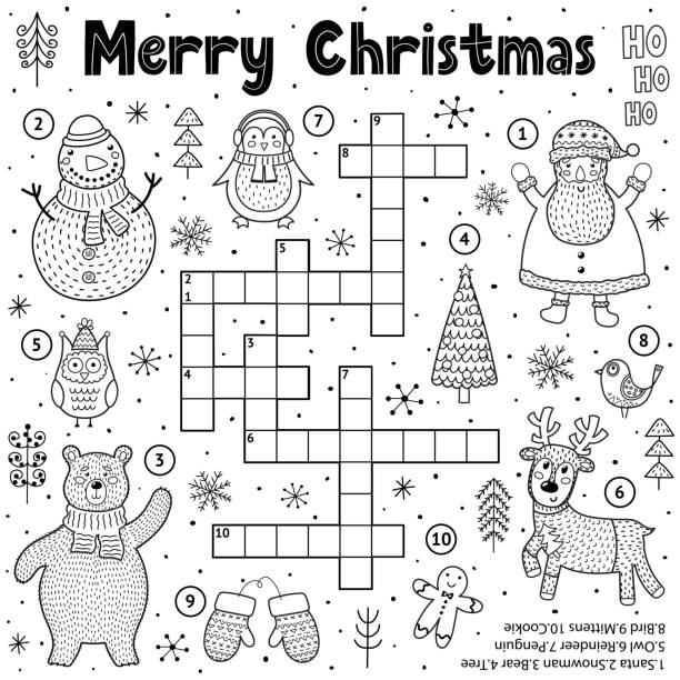 Merry Christmas crossword game for kids. Black and white educational activity page for coloring Merry Christmas crossword game for kids. Black and white educational activity page for coloring with funny winter characters. Santa Claus, snowman, reindeer, polar bear, penguin. Vector illustration crossword puzzle drawing stock illustrations