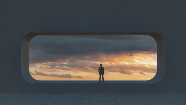Lonely young man looking through concrete window. This is entirely 3D generated image.