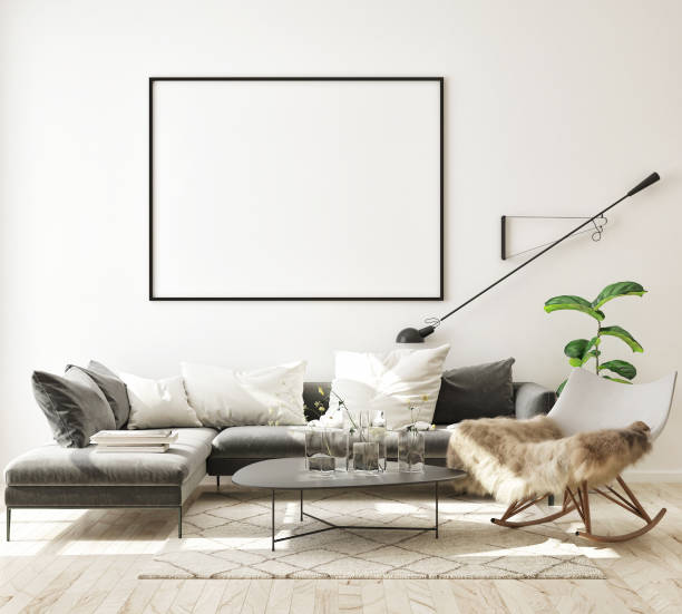 istock mock up poster frame in modern interior background, scandinavian style, 3D render 1196261506