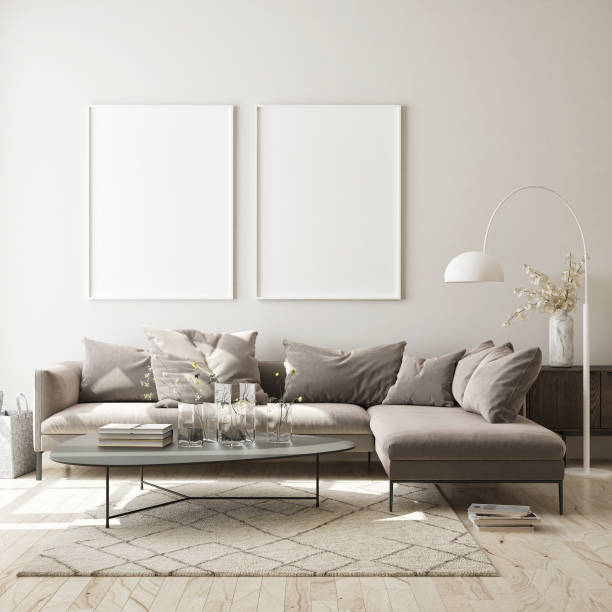 istock mock up poster frame in modern interior background, scandinavian style, 3D render 1196261510