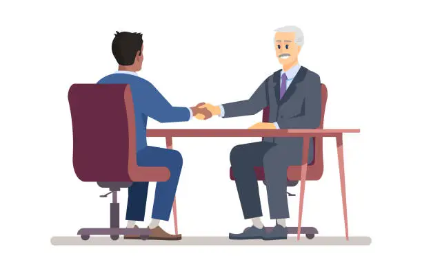 Vector illustration of Senior boss hiring employee flat vector illustration. Employer handshaking with new worker, job seeker cartoon characters. Top manager, recruiter and vacancy candidate. Successful job interview