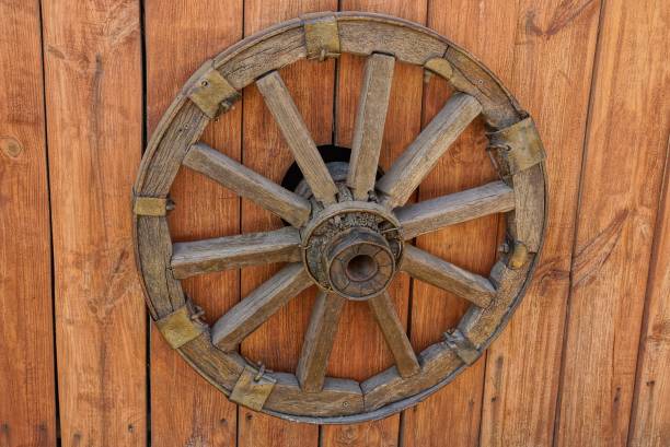 istock decoration from one old big brown wheel on a wooden wall 1196271786