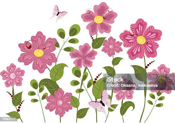 Декоративные Розовые Цветы — стоковая векторная графика и другие изображения на тему Абстрактный - Абстрактный, Бабочка, Без людей