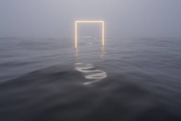 istock Glowing frame floating on the lake in the evening, 3d rendering. 1196280290