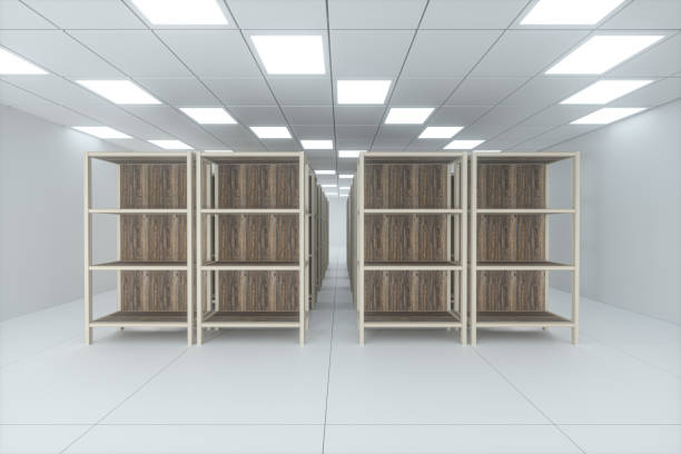istock Rows of bookshelves in the bright room, 3d rendering. 1196280925