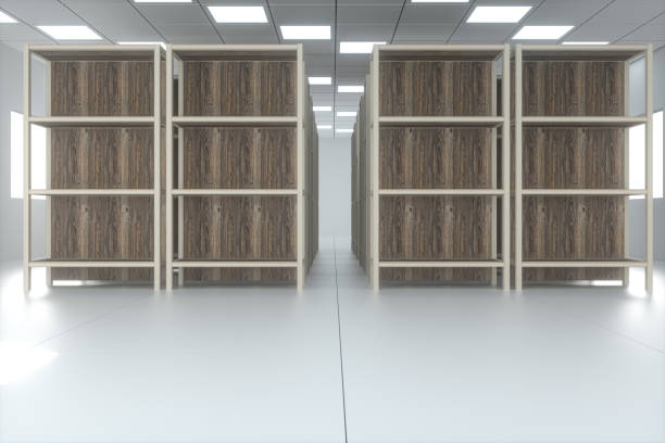 istock Rows of bookshelves in the bright room, 3d rendering. 1196280939