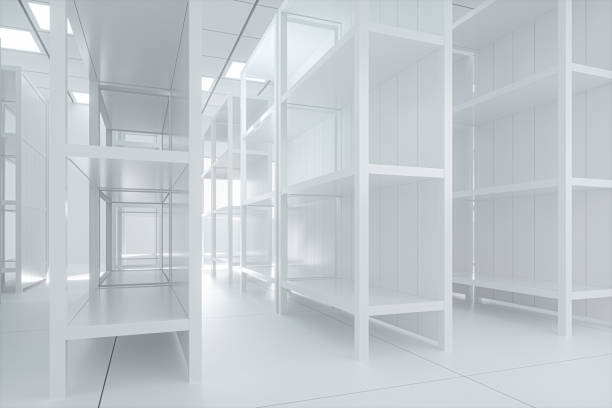 istock White shelves with white background, bright and spacious, 3d rendering. 1196280989
