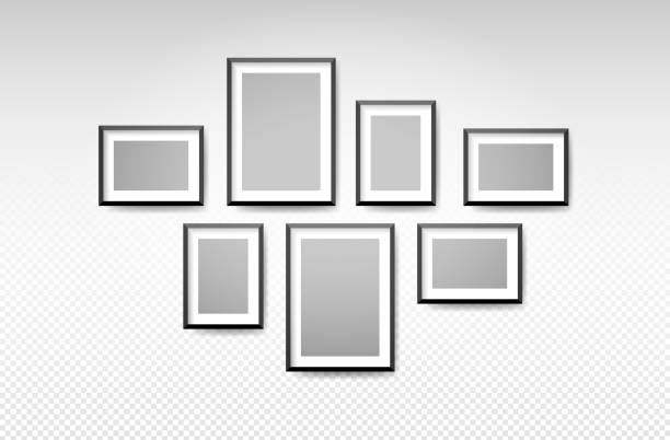 벽 배경에 설정된 벡터 검정 색 그림 프레임 - horizontal picture frame empty white background stock illustrations