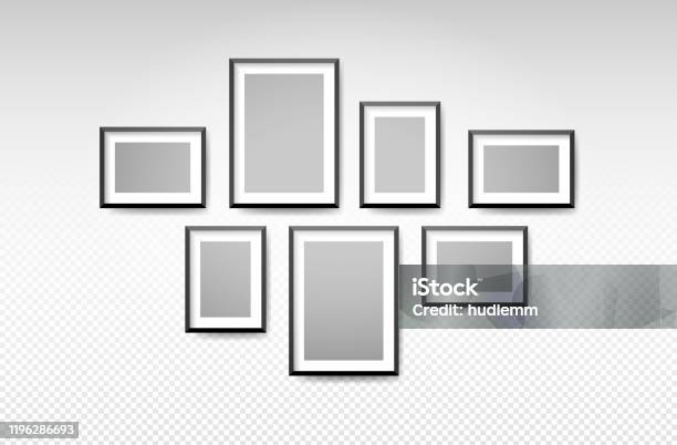 Vector Black Picture Frame Set On Wall Background Stock Illustration - Download Image Now - Picture Frame, Frame - Border, Wall - Building Feature