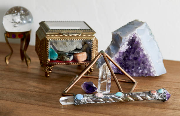 istock Quartz Crystal Point with Amethyst under a Copper Pyramid 1196287485