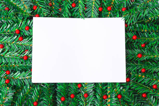 istock Happy New Year and Christmas day, top view flat lay composition decoration branches tree, white square on white background 1196291684