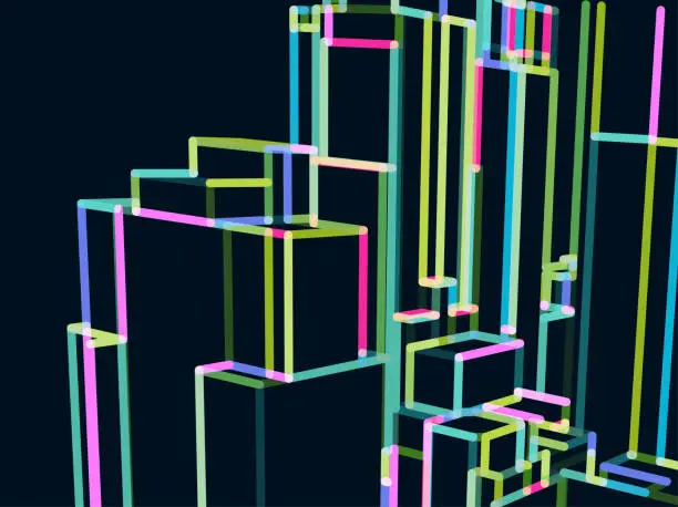 Vector illustration of abstract 3D color city building structure neon light