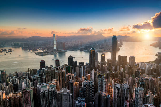 istock Hong Kong skyline at sunrise 1196297349
