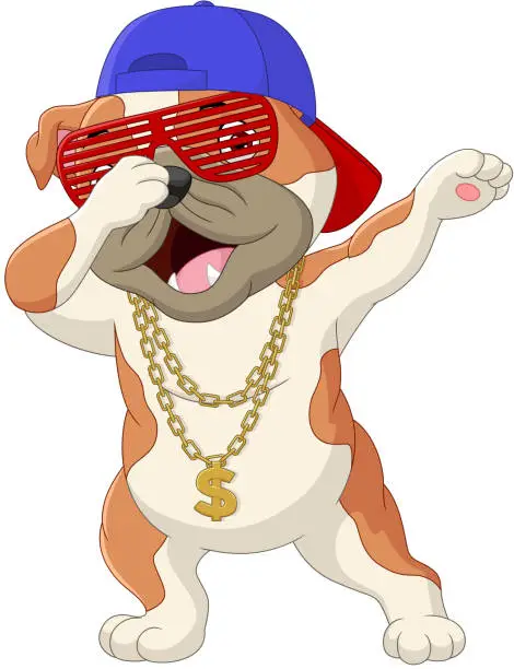 Vector illustration of Cute dog dabbing dance wearing sunglasses, hat, and gold necklace