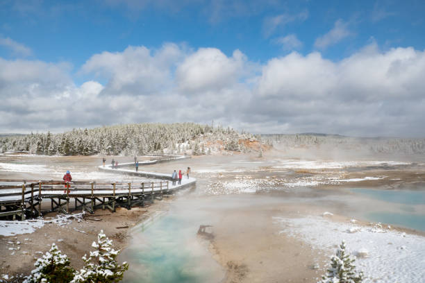 tourists on boardwalk in Porcelain Basin, Norris Geyser Basin, Yellowstone Tourists on boardwalk among steaming hot springs and geysers in early snow. Porcelain Basin, Norris Geyser Basin, Yellowstone National Park, Wyoming, USA. Sunday Geyser at center bottom. norris geyser basin photos stock pictures, royalty-free photos & images