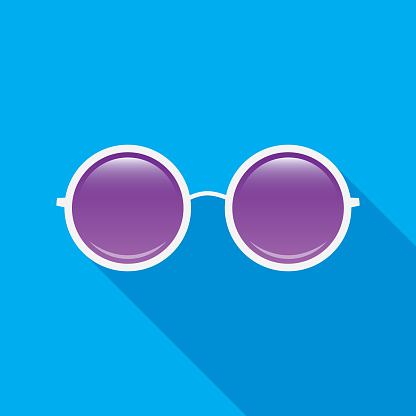 Vector illustration of round silver rimmed sunglasses with purple lenses on a blue  background.