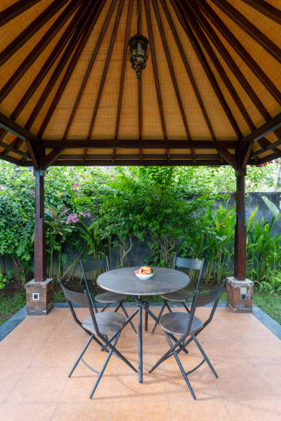 istock Gazebo with chairs and table at backyard 1196306806