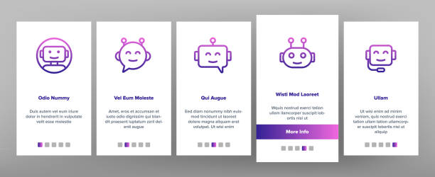 Chatbot Robot Onboarding Icons Set Vector Chatbot Robot Onboarding Mobile App Page Screen Vector chatbot stock illustrations