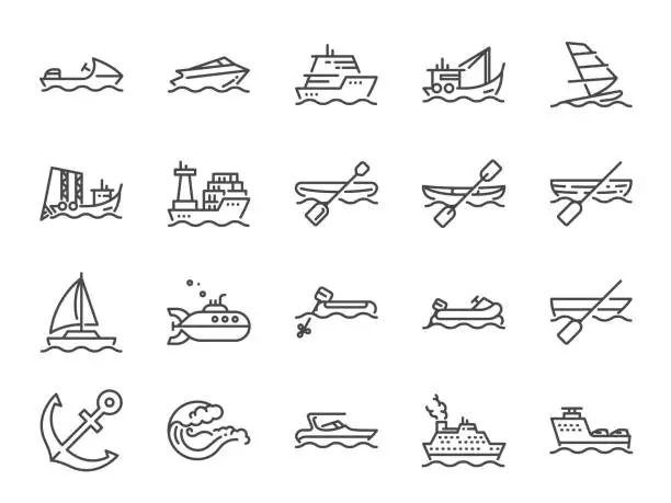 Vector illustration of Water Transport icon set. Included icons as boat, ship, cruise, ferry, jet ski, speedboat and more.