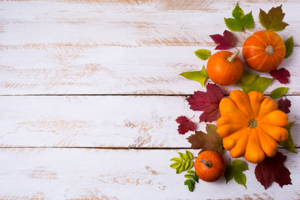 istock Rustic fall decor with pumpkins, red and green leaves 1196317115
