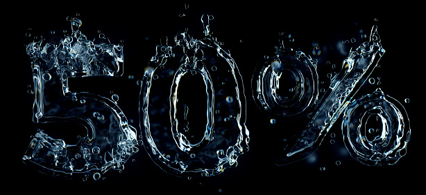 50 percent off discount symbol water splash 3D render isolated on black background