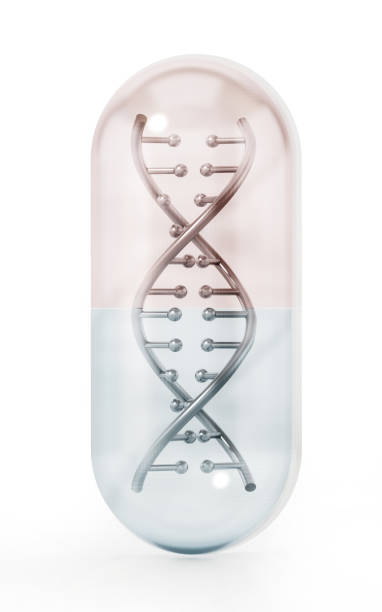 istock Transparent blue and red pill with DNA model 1196320881