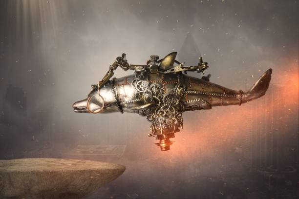 conceived, created, colored by hand, then photographed, a large flying robot fish transports goods from space to earth