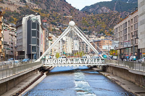 Andorra la Vella, Andorra - November 26 2019: The Pont de Paris is a bridge with an avant-garde design located over the Valira river, it joins rue Consell d'Europa with rue Doctor Mitjavila.