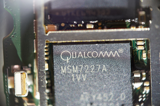 Saransk, Russia - December 16, 2019: A Qualcomm Snapdragon MSM7227A SoC on smartphone circuit board.