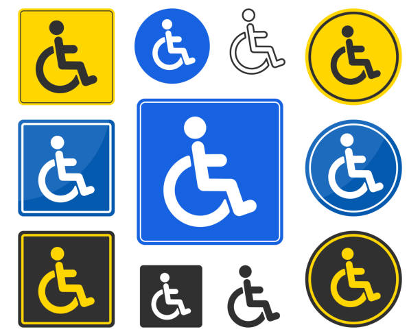 deaktivierte handicap icon form-set. ungültiges park-logo-symbolpaket. rollstuhlsitz, toilette, wc, schildersammlung. vektor-illustrationsbild. isoliert auf blauem, gelbem, weißem und schwarzem hintergrund. - paralyze stock-grafiken, -clipart, -cartoons und -symbole