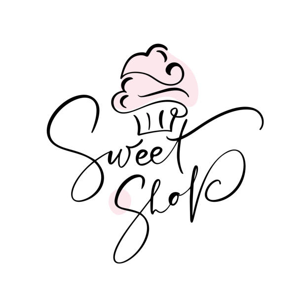 ilustrações, clipart, desenhos animados e ícones de texto caligráfico vector da loja doce com logotipo. cupcake doce com creme, elemento de design de emblema de sobremesa vintage. convite do aniversário ou do casamento da barra de doces - birthday cupcake cake candy