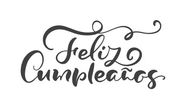 Vector illustration of Feliz Cumpleanos, translated Happy Birthday in Spanish. Stylish hand drawn lettering design, vector illustration. Isolated calligraphy script on white background
