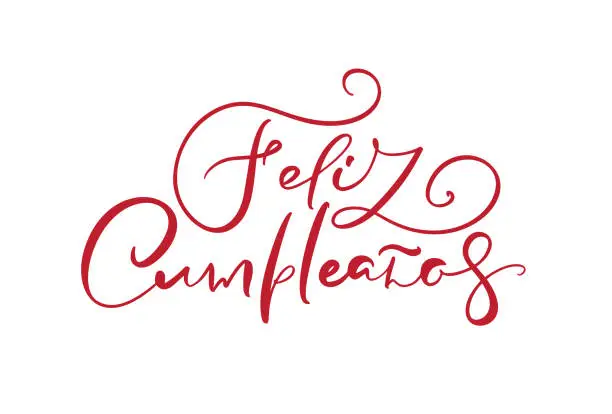 Vector illustration of Feliz Cumpleanos, translated Happy Birthday in Spanish text. Stylish red hand drawn lettering design, vector illustration. Isolated calligraphy script on white background