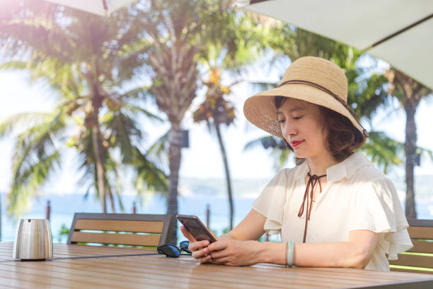istock vacation:Woman in hat relaxing on beach 1196330184