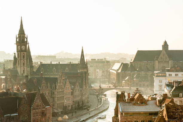 Panoramic view of old city center of Ghent with famous medieval Belfry, Ghent, Belgium